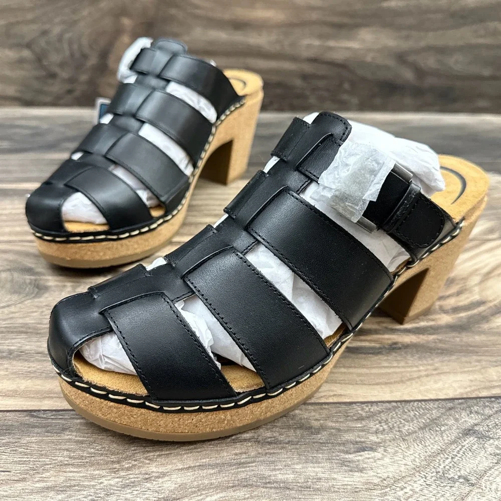 NIB Aetrex Cally 39 8.5 Black Leather Slip On Fisherman Heels Clog Sandals - Picture 6 of 12